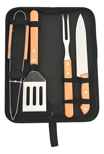 Kit Set Asado 4 Piezas + Estuche Pinza Cuchillo Tenedor Espatula