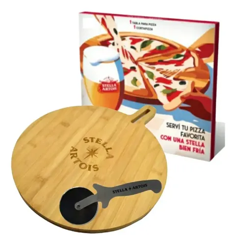 Tabla Pizza Bamboo + Rueda Corta Pizza Set Stella Artois