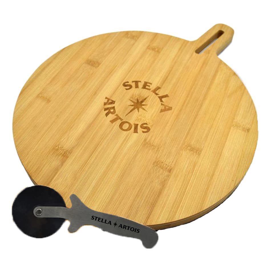 Tabla Pizza Bamboo + Rueda Corta Pizza Set Stella Artois