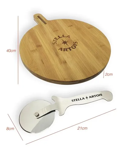 Tabla Pizza Bamboo + Rueda Corta Pizza Set Stella Artois